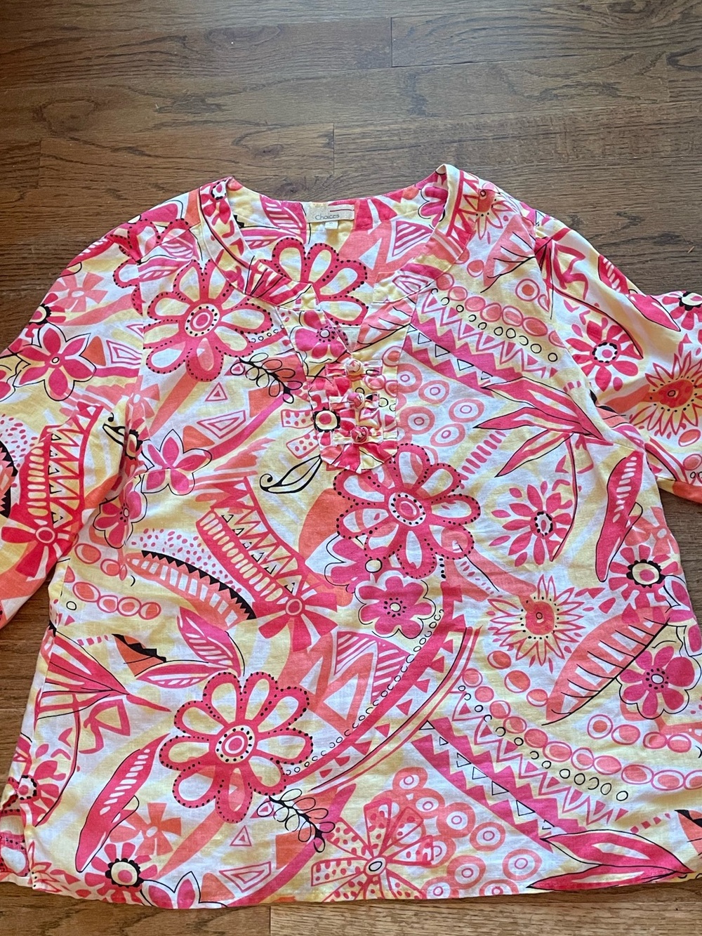 Bright Pink & Yellow Floral Lightweight Linen Blouse. Size XL
